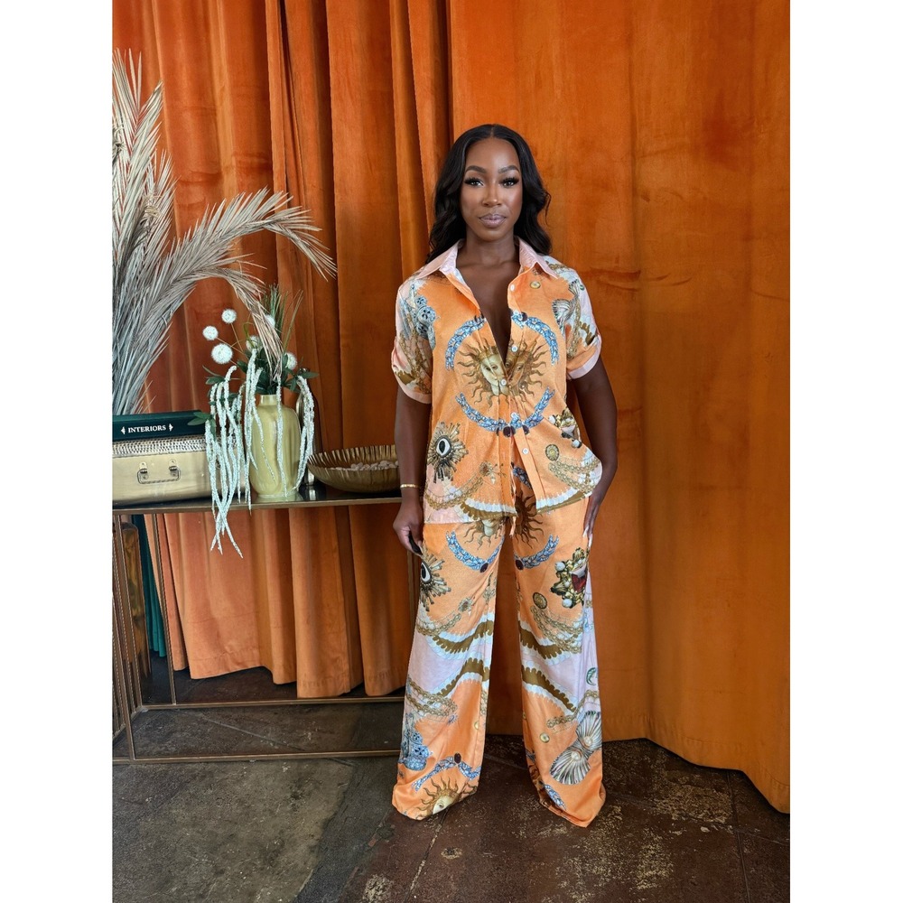 Boutique 2 Piece Pant Set Womens Orange New Celestial Sun Print Wide Leg